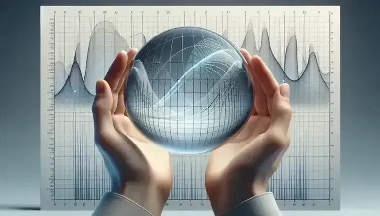 Hands holding a crystal ball with a distorted background of a blurred graph chart with intersecting blue lines, showcasing data analysis concept.