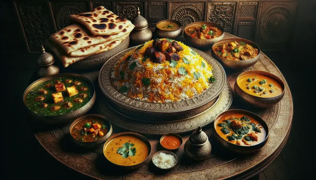 Traditional Mughal feast with biryani, various curries, naan, raita, and mango lassi on an ornate dastarkhwan, under warm, inviting light.