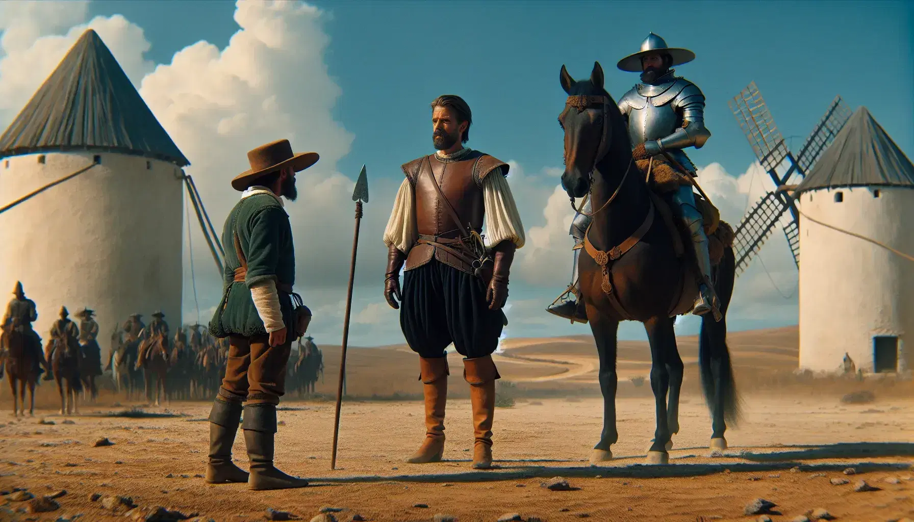 Hombre en atuendo del Siglo de Oro español con lanza y casco junto a caballo marrón, frente a molinos de viento en llanura seca bajo cielo azul.