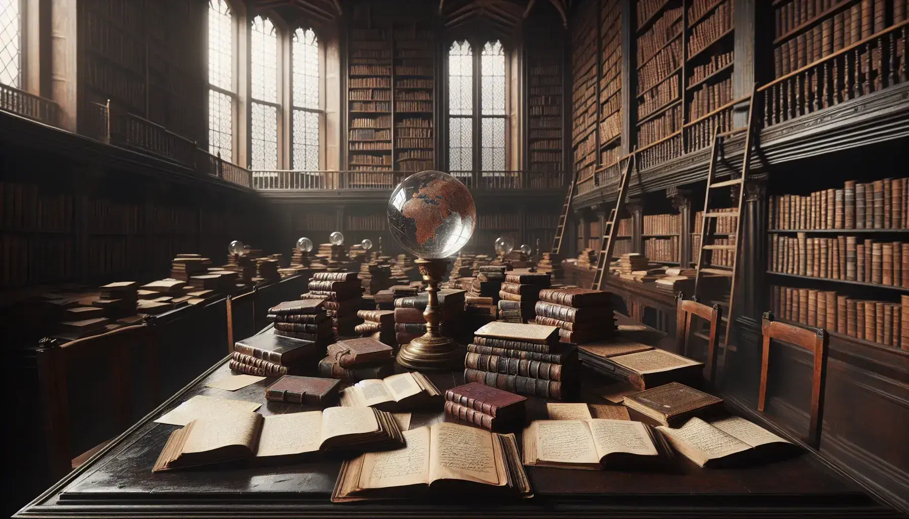 Biblioteca antica con tavolo in legno lucido, libri aperti, pagine manoscritte e sfera di cristallo illuminata da luce soffusa.