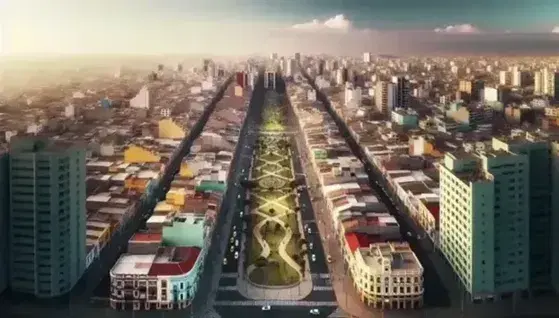 Vista aérea de ciudad latinoamericana con barrio histórico de techos rojos, expansión urbana con edificios modernos, parque central, avenidas y zonas en desarrollo, rodeada de colinas y montañas.
