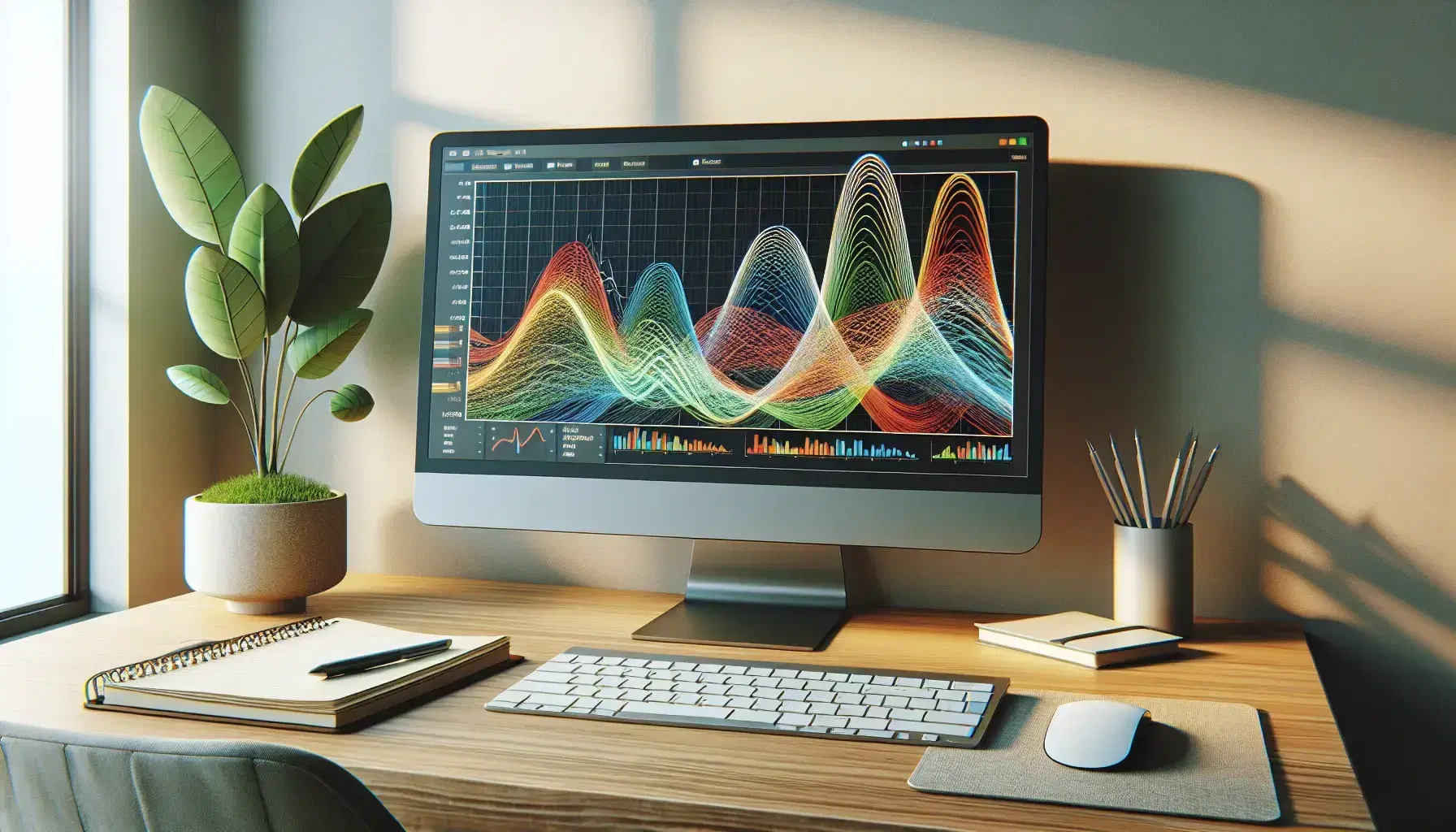 Monitor with colorful line graph, keyboard, mouse, notebook with pen and green plant on light wooden desk in bright environment.