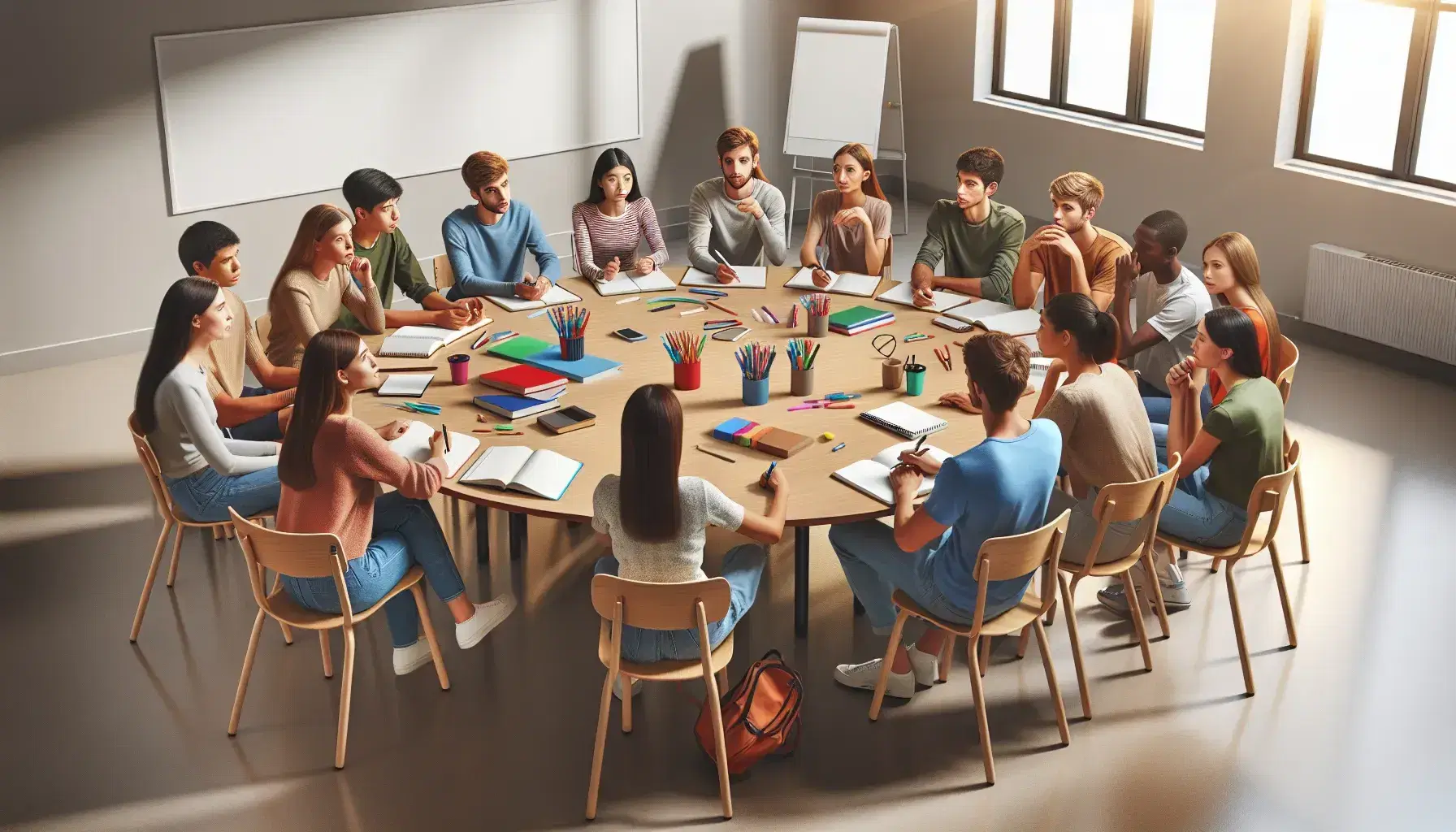 Grupo diverso de estudiantes colaborando en equipo alrededor de una mesa redonda con cuadernos y marcadores de colores, en un aula iluminada naturalmente.