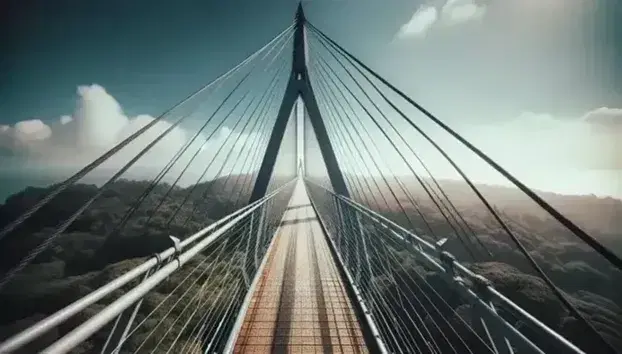 Puente colgante con estructura triangular de cables negros y pasarela de madera, rodeado de vegetación en un día despejado con cielo azul.