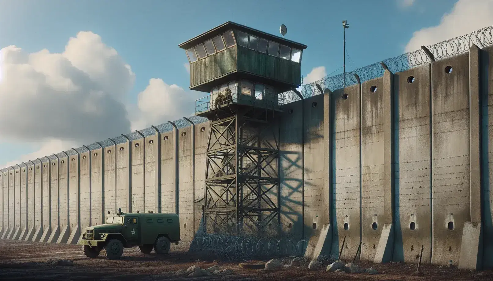 Torre de vigilancia militar con cabina y alambradas sobre muro de hormigón, vehículo militar parcialmente visible y cielo azul con nubes.