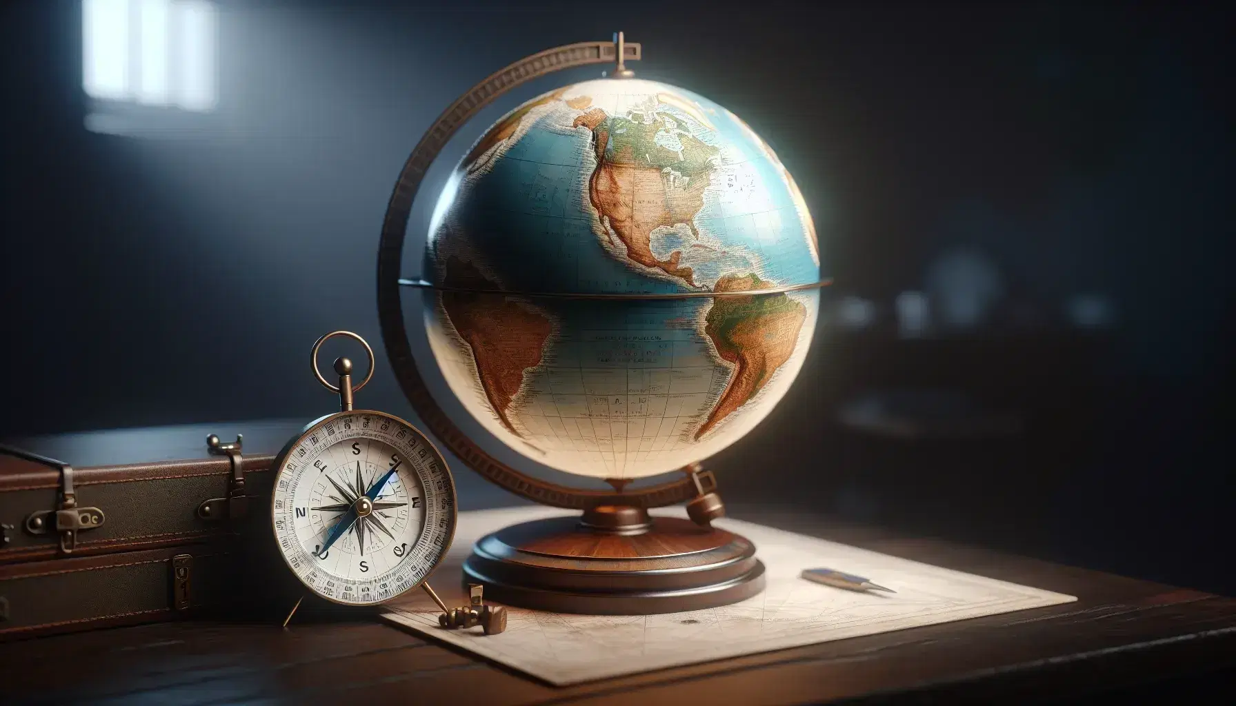 Globo terráqueo tridimensional iluminado sobre soporte de madera con brújula antigua, destacando continentes y océanos en tonos azules y verdes.