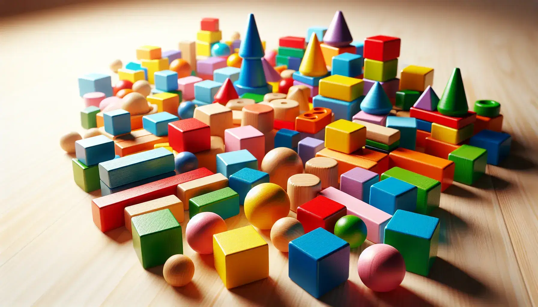 Assorted colorful wooden building blocks in various shapes scattered on a light wooden surface, casting soft shadows.