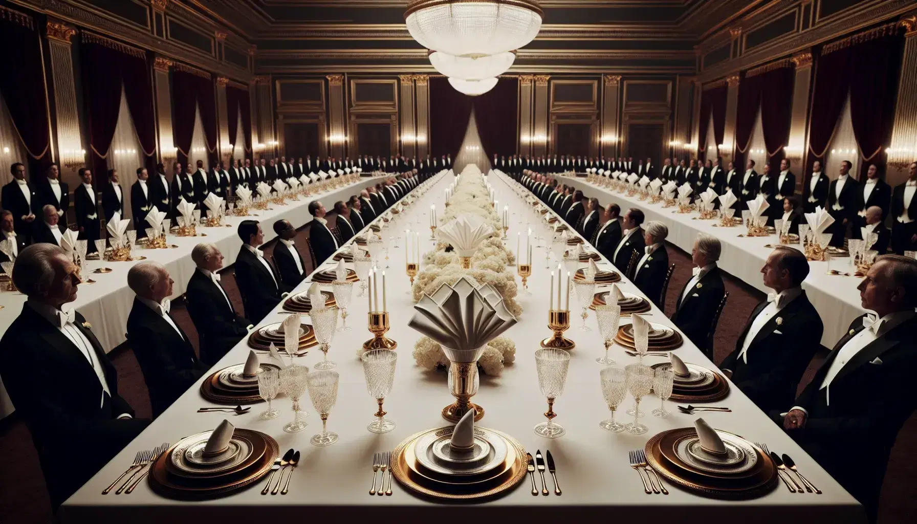Mesa elegante con mantel blanco, platos de porcelana con bordes dorados y cristalería alineada, rodeada de sillas de terciopelo rojo y personas vestidas formalmente en un salón de eventos iluminado por candelabros de cristal.