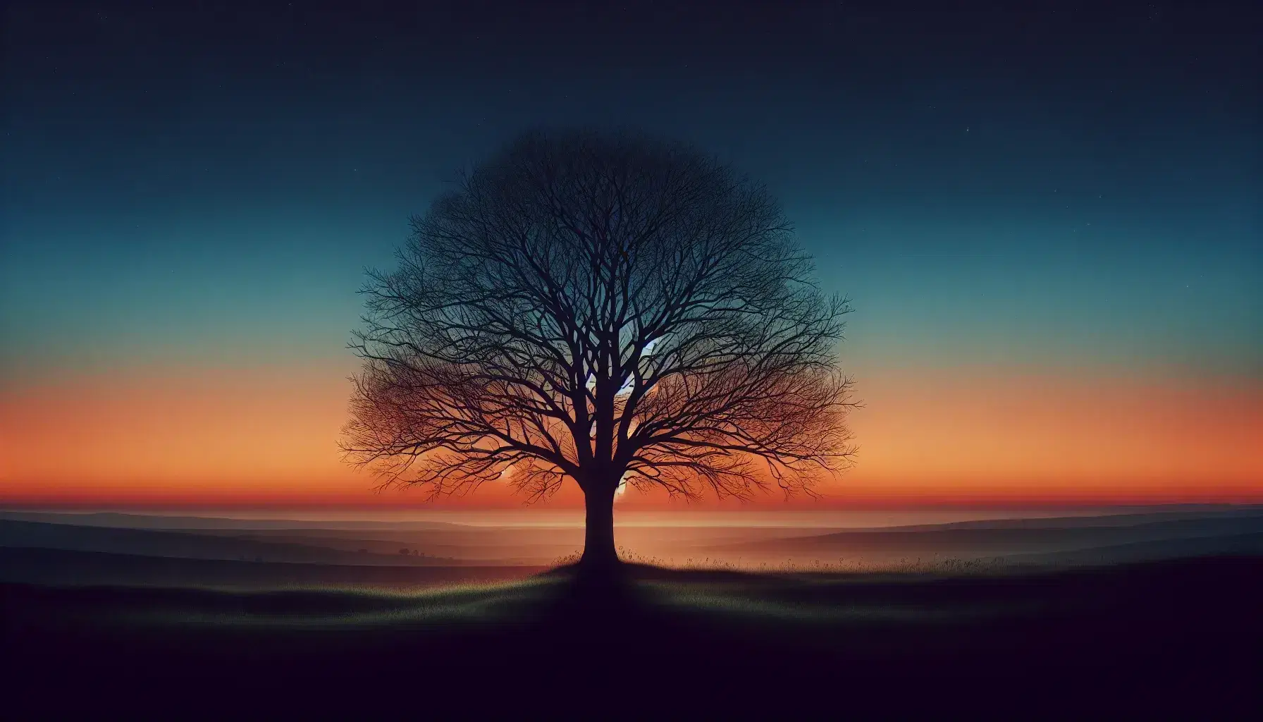 Albero solitario al tramonto con cielo sfumato da arancione a rosa e blu, orizzonte con colline e prato verde.