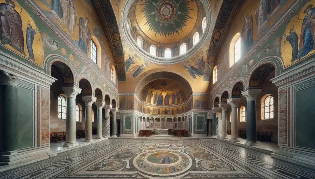 Interno della Basilica di San Vitale a Ravenna con cupola decorata da mosaici dorati e colonne marmoree, senza persone.