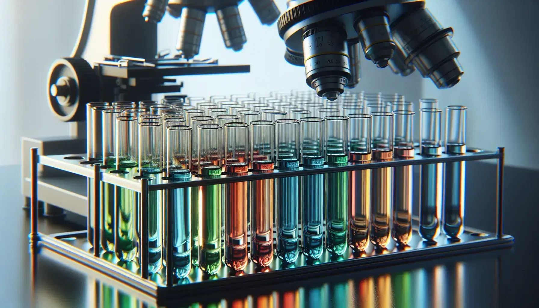 Tubos de ensayo con líquidos de colores variados en gradilla metálica y microscopio desenfocado al fondo, reflejando la luz natural en un laboratorio de investigación.