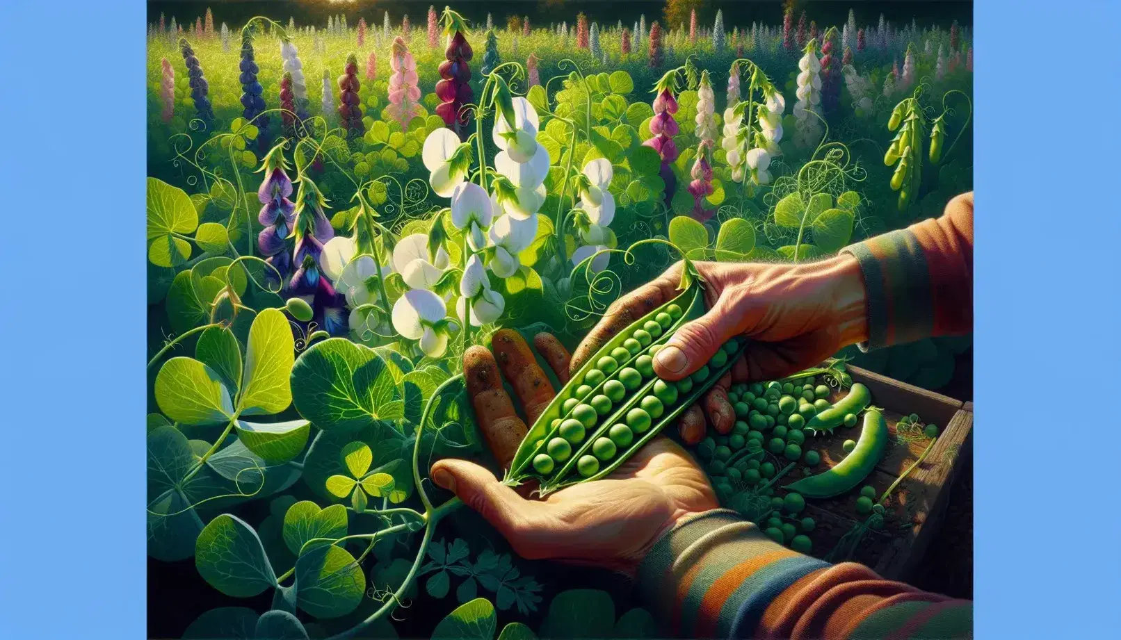 Vibrant pea plants in a garden with white and purple flowers, green pods, and tendrils, hands revealing fresh peas inside a pod, in sunlit setting.
