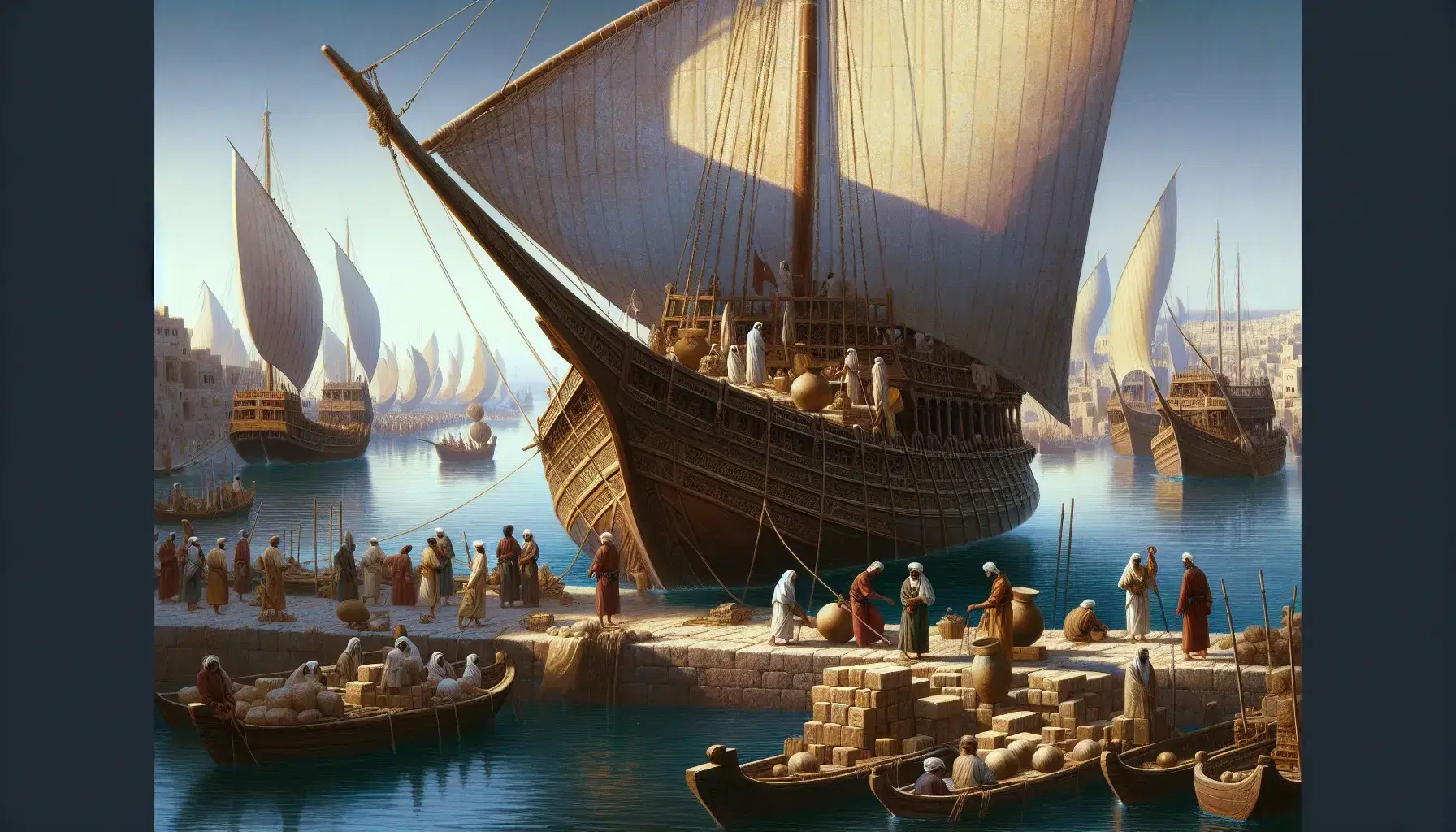 Bustling ancient port with a wooden dhow, sailors, merchants, and porters amid trade activities, set against a calm blue ocean and clear sky.