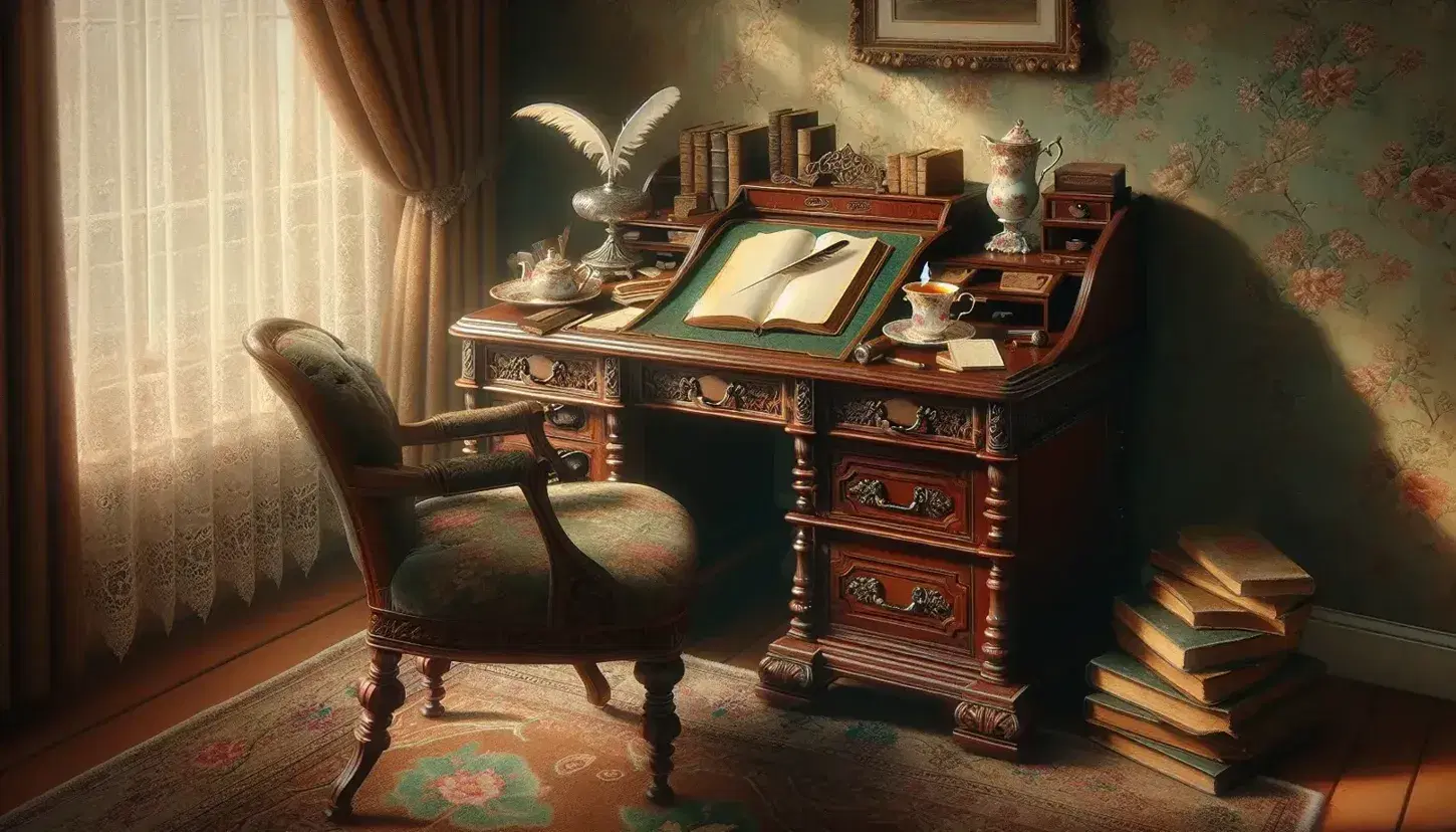Victorian writing desk with quill and inkwell, open journal, antique books, and porcelain teacup in a cozy, scholarly study with lace-curtained window.