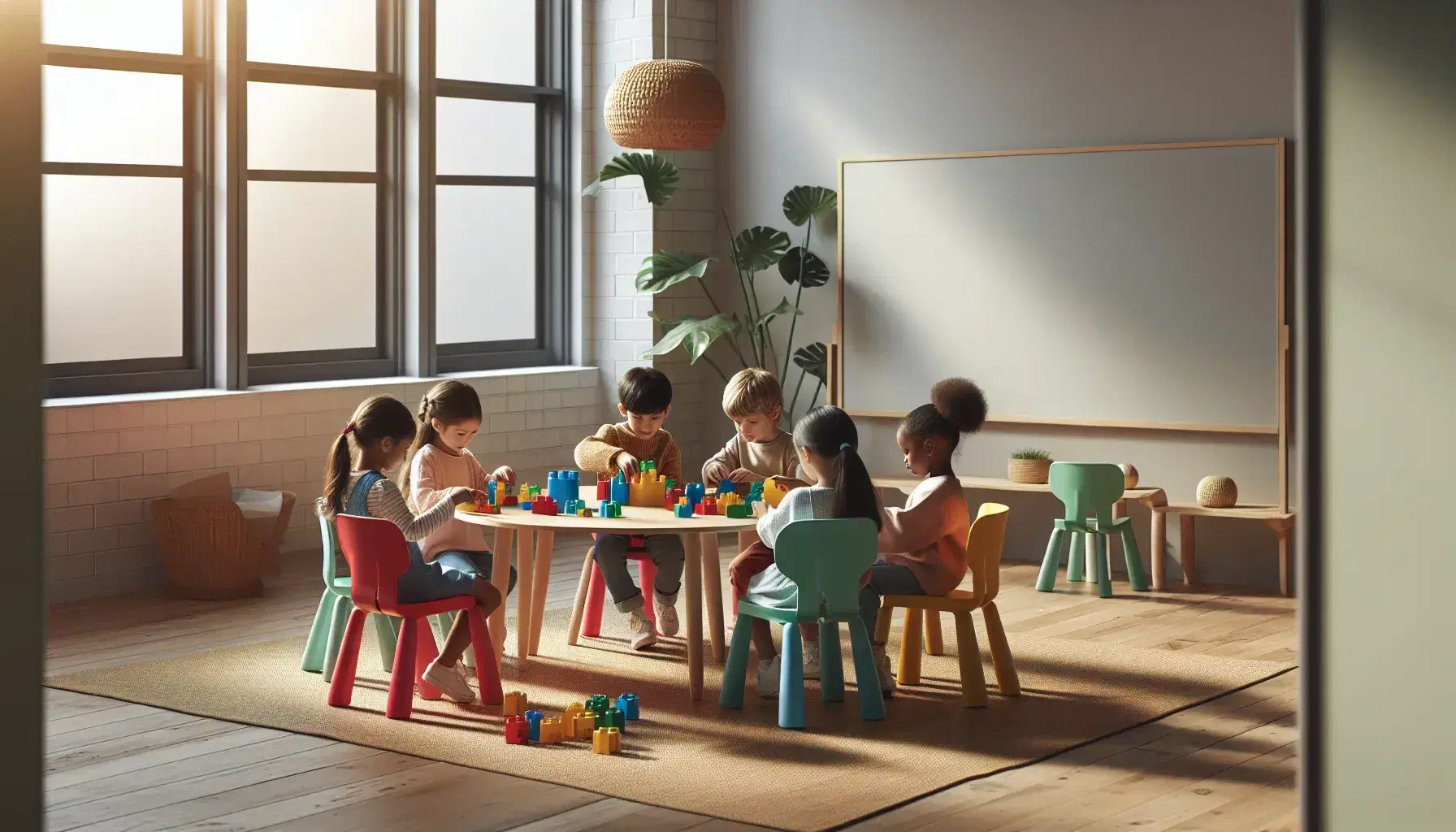 Niños de diversas etnias colaborando en la construcción de estructuras con bloques de colores en una aula iluminada con luz natural.