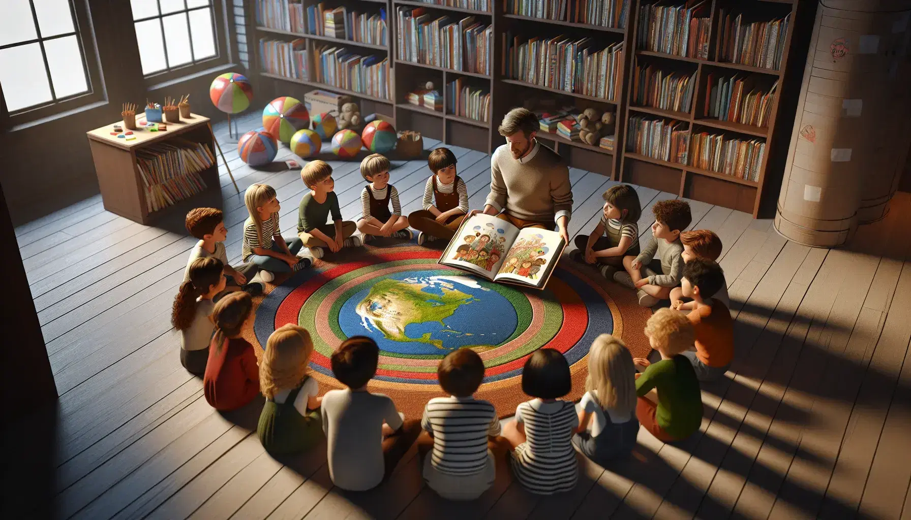 Bambini attenti seduti in cerchio su un tappeto colorato ascoltano un adulto che mostra un libro illustrato in una biblioteca luminosa.