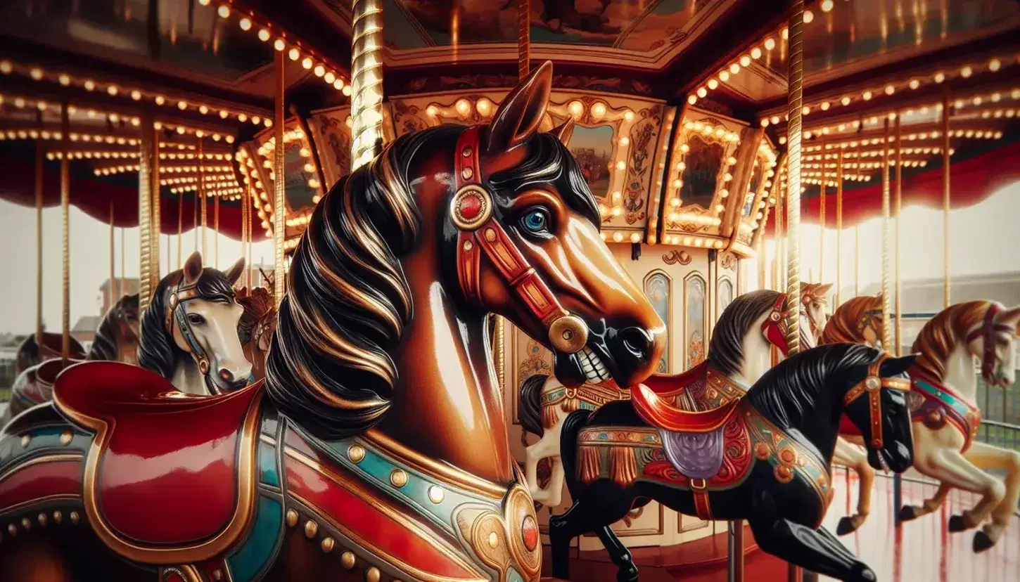 Vintage carousel horse in glossy chestnut with black mane, vibrant red saddle, and brass pole, amidst softly blurred carousel background.
