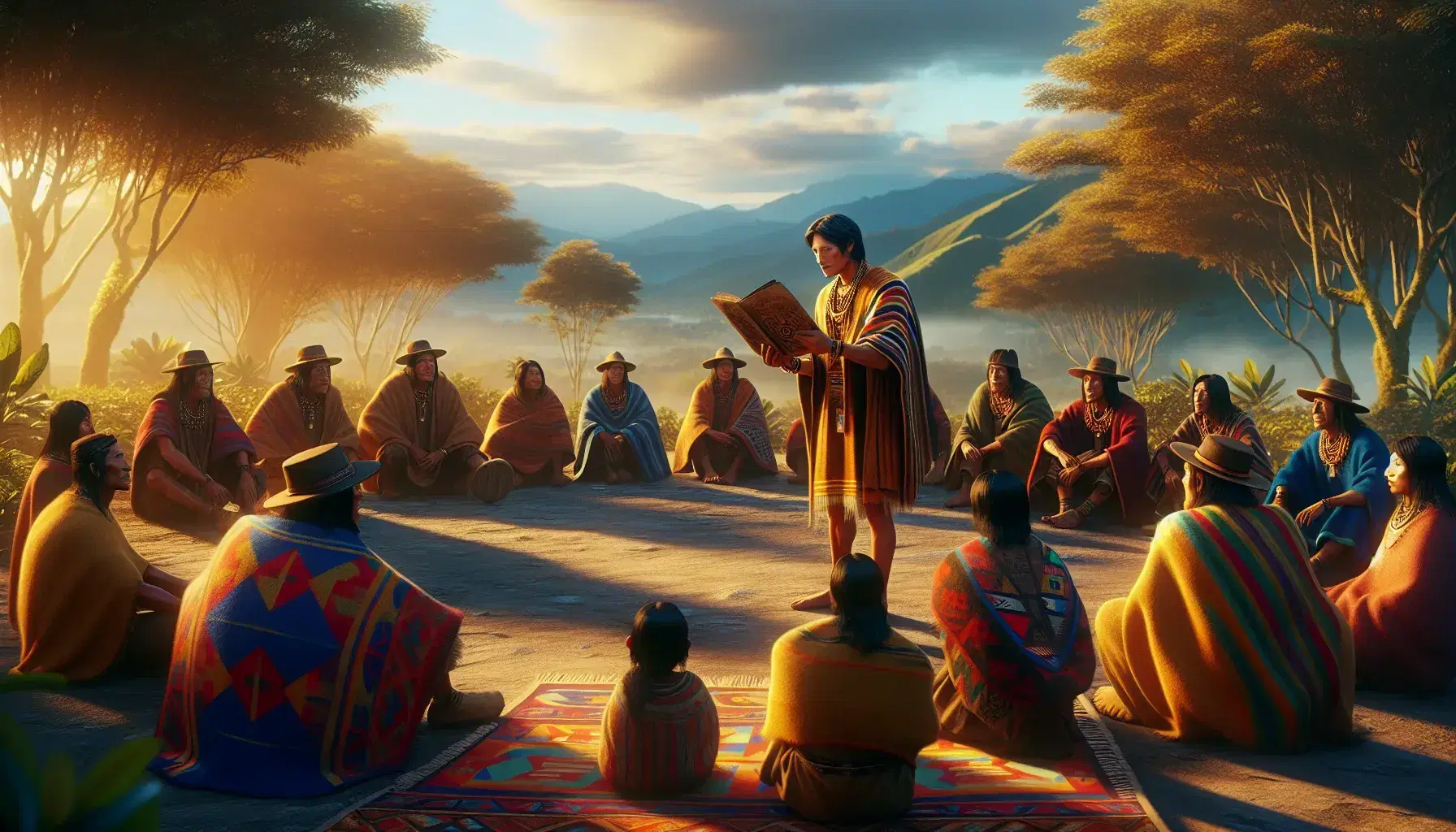 Grupo de personas indígenas en atuendos tradicionales reunidos al aire libre, escuchando a un hombre que sostiene un antiguo libro, con un paisaje natural y montañas al fondo.