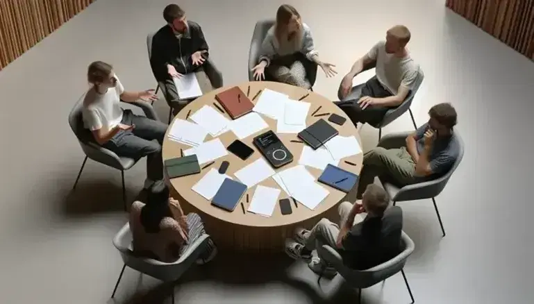 Grupo de cinco personas en reunión de trabajo alrededor de una mesa redonda con papeles y grabadora digital, mostrando interacción y colaboración.