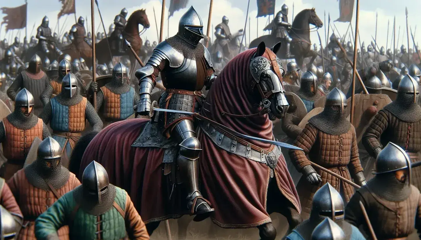 Cavaliere in armatura con lancia su cavallo con coperta rossa, soldati in armature medievali combattono in battaglia su terreno erboso.