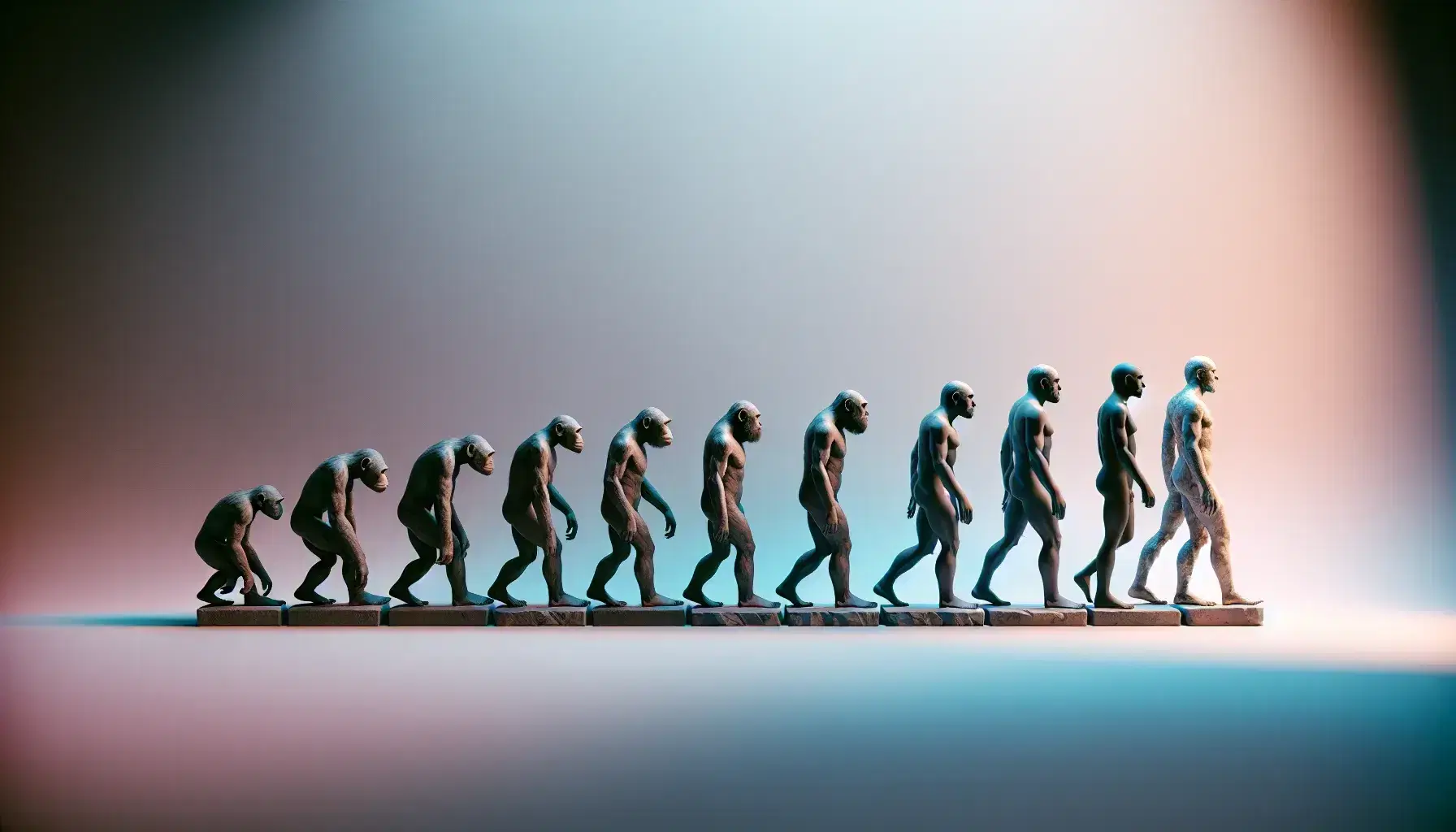 Secuencia de figuras que representan la evolución humana desde homínidos hasta Homo sapiens, en gradiente de tamaño y postura, sobre base lisa y fondo claro.