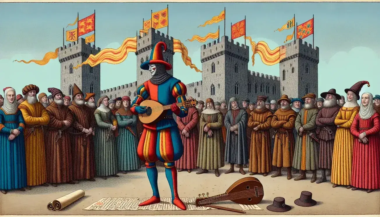 Juglar con traje rojo y azul toca laúd ante público en atuendos medievales, con castillo de fondo y espada junto a silla tallada.