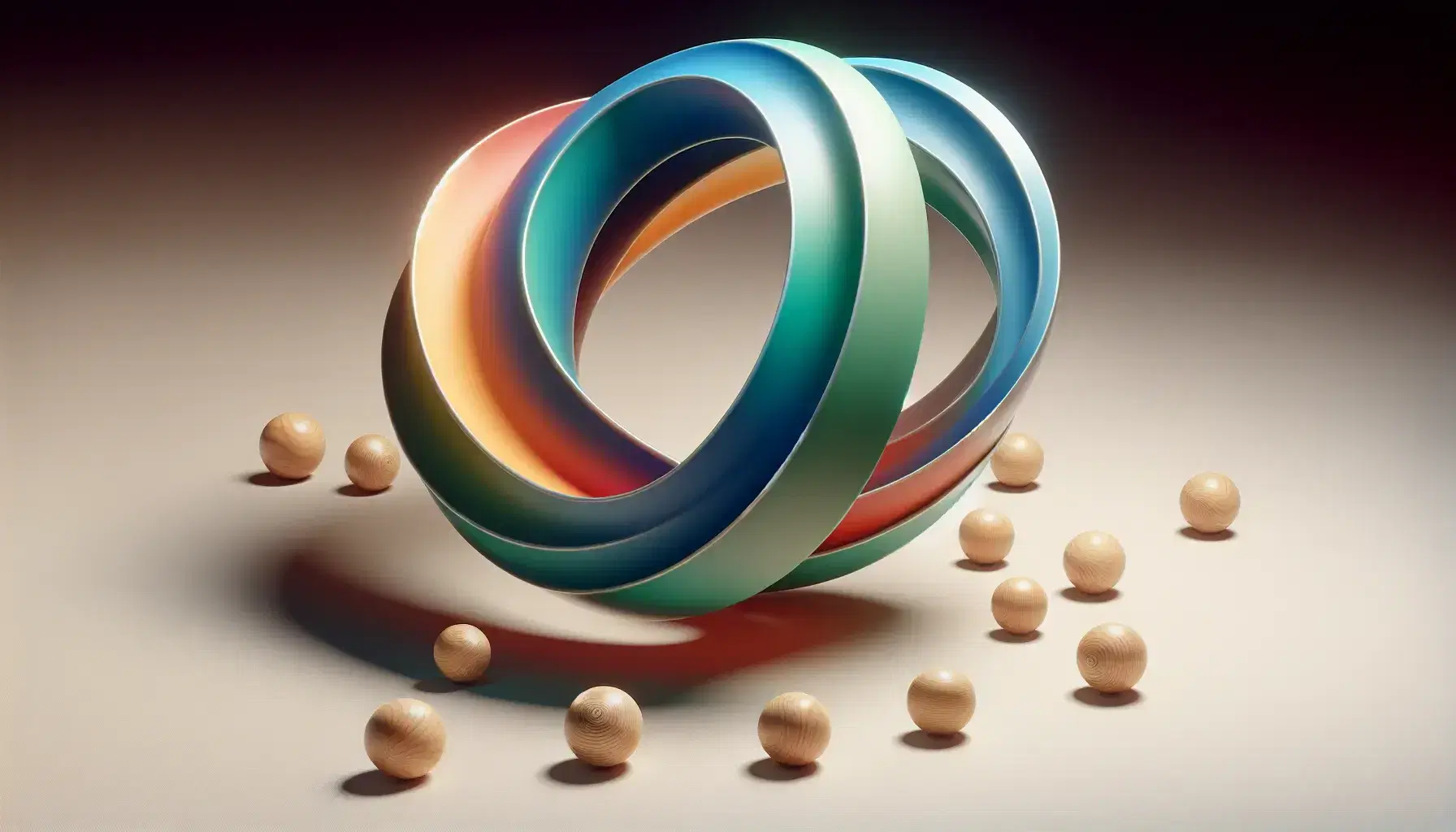 Multicolored three-dimensional Möbius strip with reflective surface and scattered wooden spheres on light background.