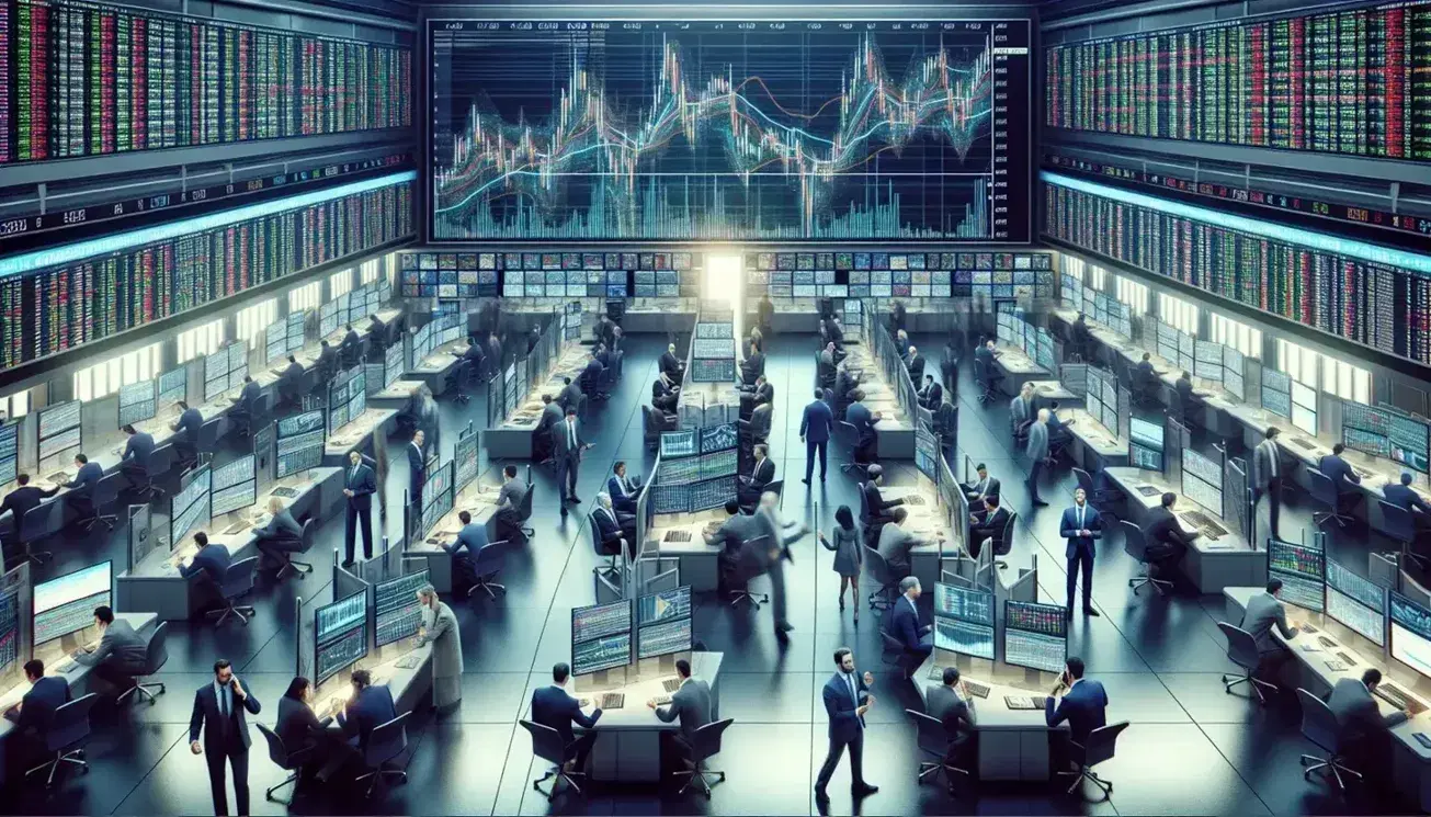 Diverse stock traders actively engage in phone calls and analyze financial charts on screens under bright lights on a busy exchange floor.
