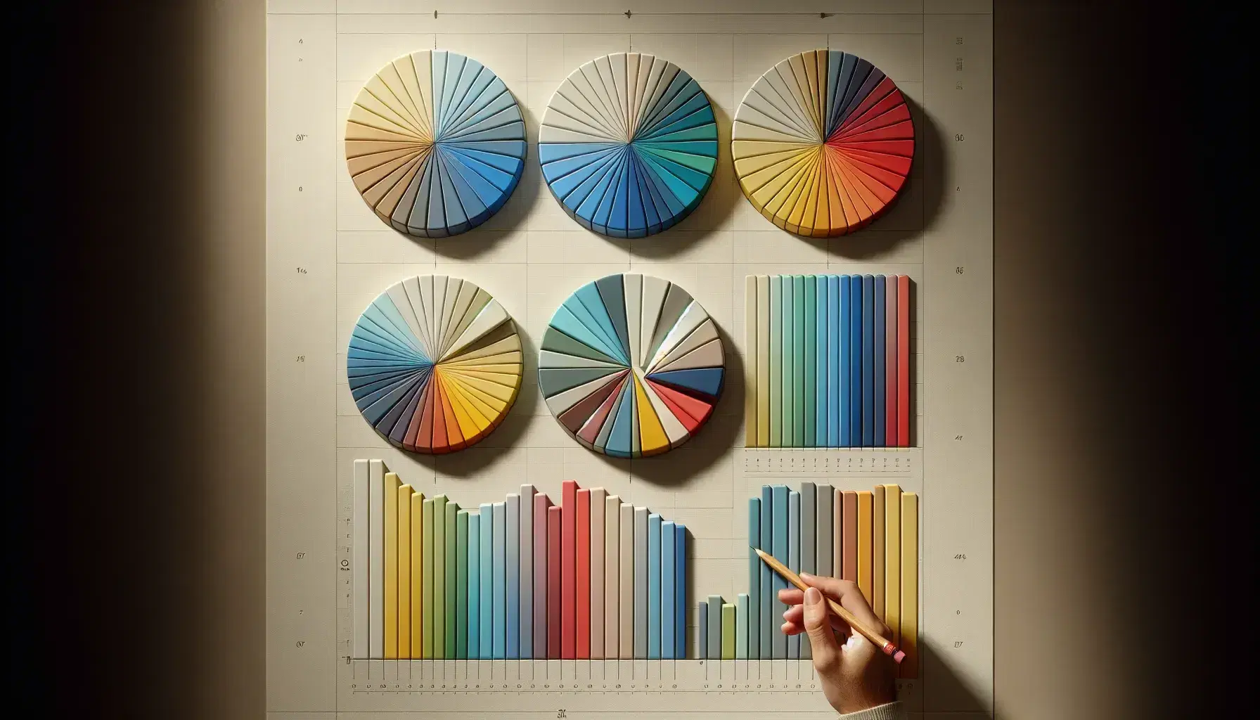 Gráficos de pastel en tonos vibrantes y barras de colores coordinados con mano señalando a un segmento, análisis de datos sin texto visible.