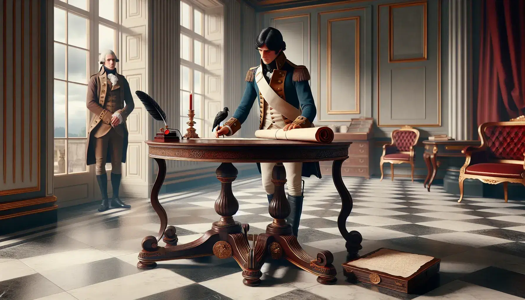 Escena histórica en interior clásico con dos hombres de época junto a mesa con documento sellado, pluma y tintero, reflejando un momento solemne.