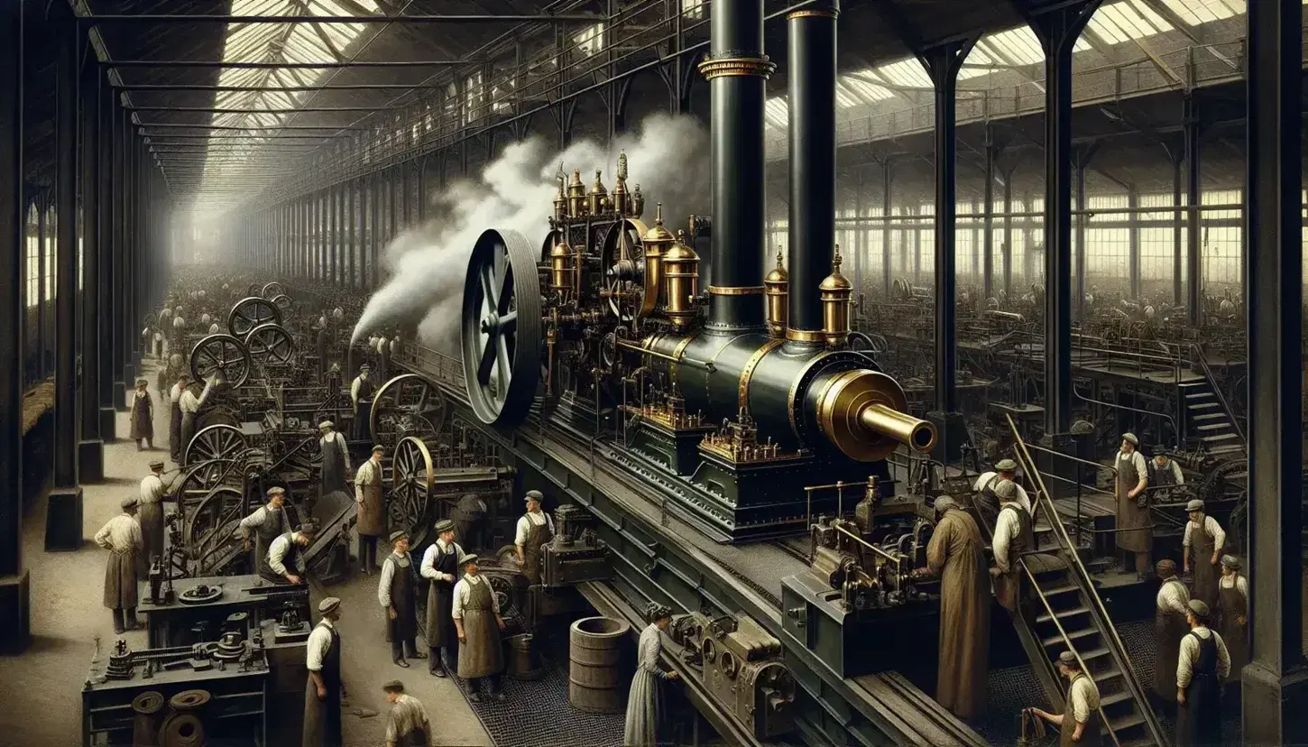 Late 19th-century factory floor with active steam engine, workers operating machinery, and steam billowing amidst natural and artificial light.