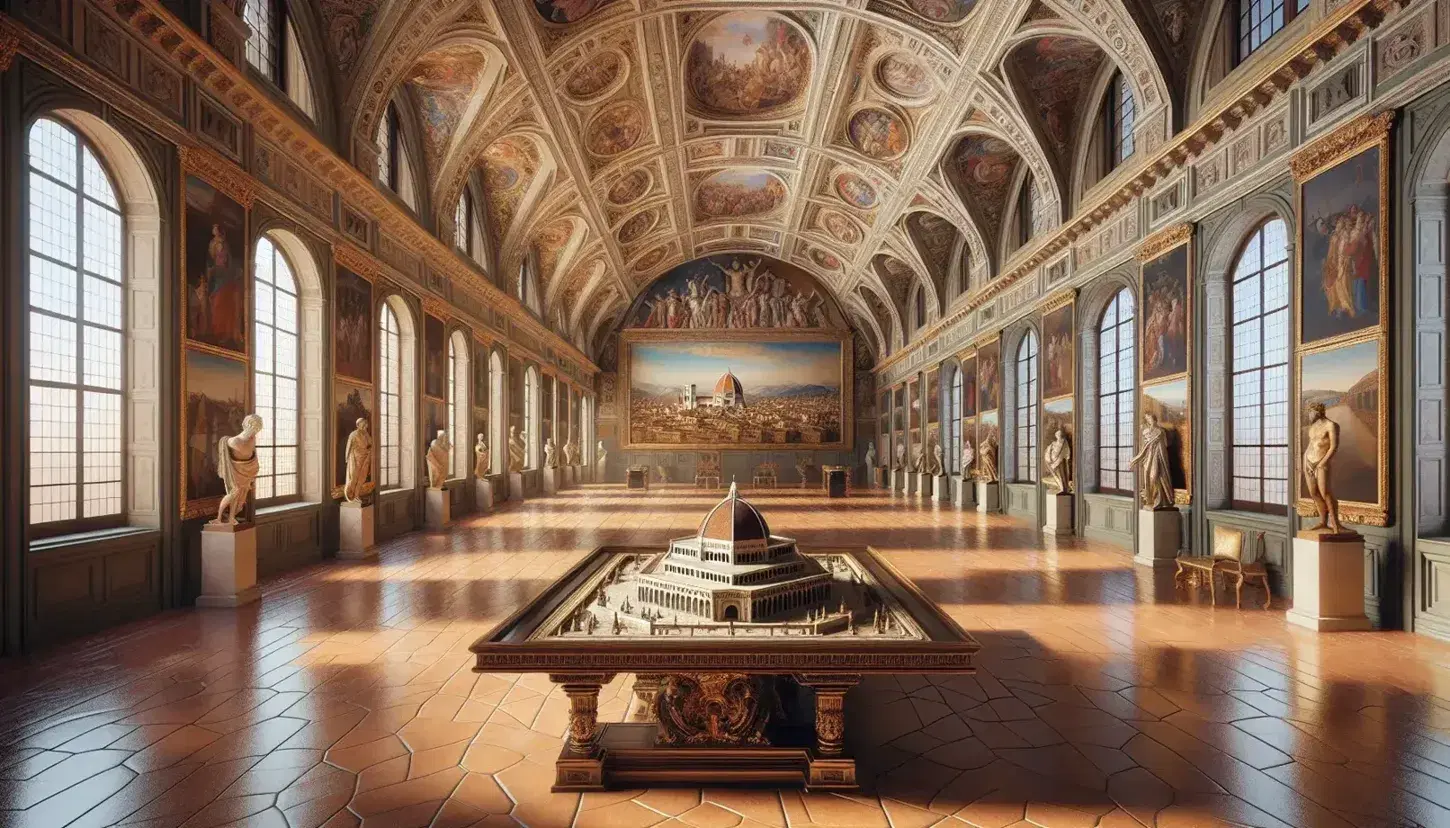 Renaissance palace hall with vaulted frescoed ceilings, arched windows, terracotta floors, a Brunelleschi dome model, marble busts, bronze statues, and oil paintings.