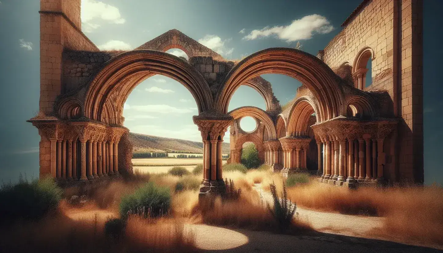 Ruinas del Monasterio de San Juan de Duero en Soria con arcos románicos y mudéjares, cielo azul y vegetación dispersa en un día soleado.