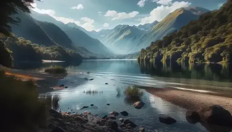 Lago calmo con acque trasparenti che riflettono il cielo azzurro e cime montuose, circondato da vegetazione rigogliosa e una barca a remi ormeggiata.