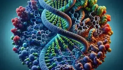 DNA double helix molecular structure with paired bases and colorful molecules attached, on blue-yellow gradient background.