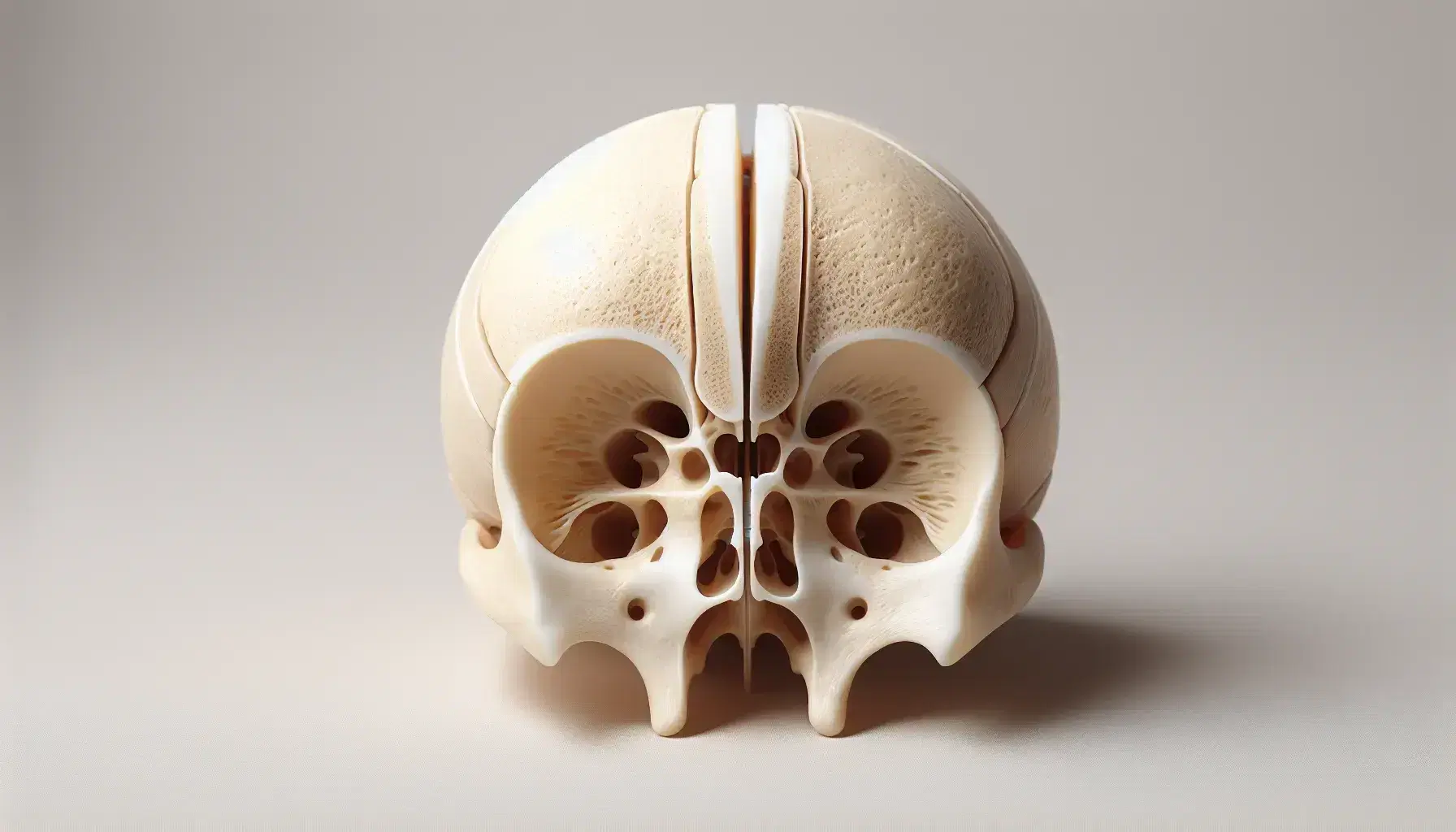 Modello anatomico tridimensionale del osso frontale umano sezionato sagittalmente su sfondo neutro che evidenzia dettagli esterni e interni.