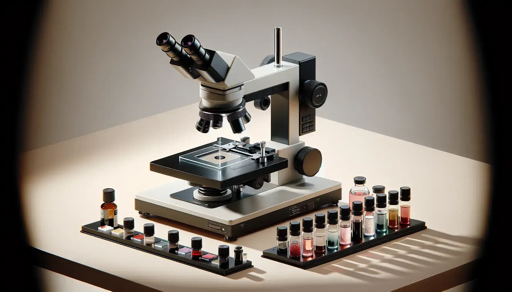 Microscopio óptico de laboratorio moderno sobre mesa de trabajo con portaobjetos y muestras de tinción al lado, en ambiente científico limpio y ordenado.