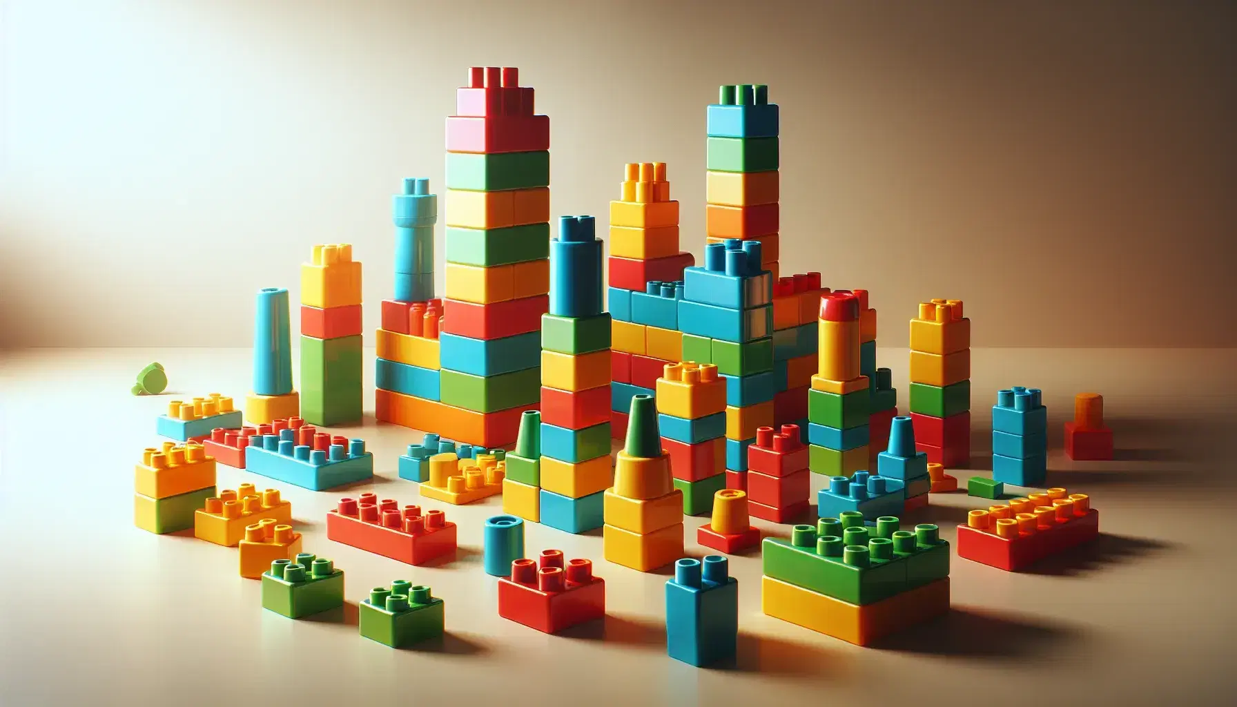 Bloques de construcción de plástico coloridos apilados formando una torre en una superficie lisa, con piezas dispersas alrededor.