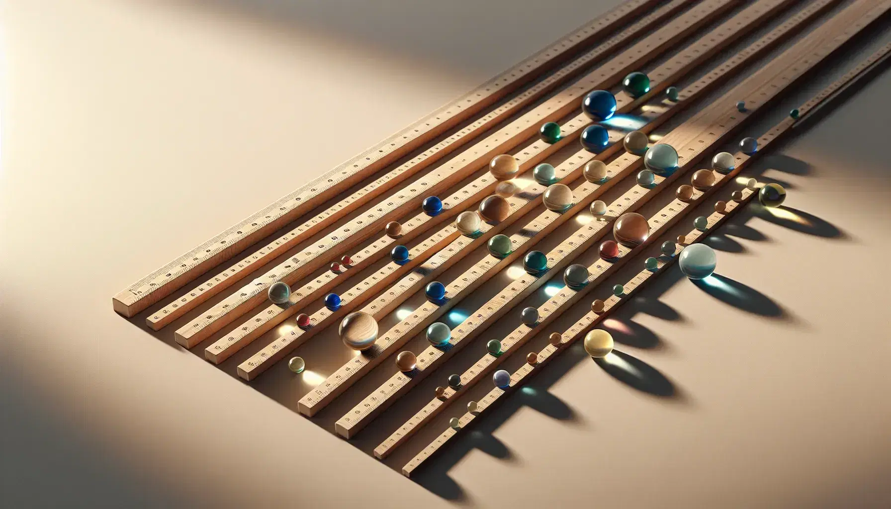 Reglas de madera alineadas en gradación de tamaño con canicas de vidrio transparente de colores variados reflejando luz sobre superficie lisa.
