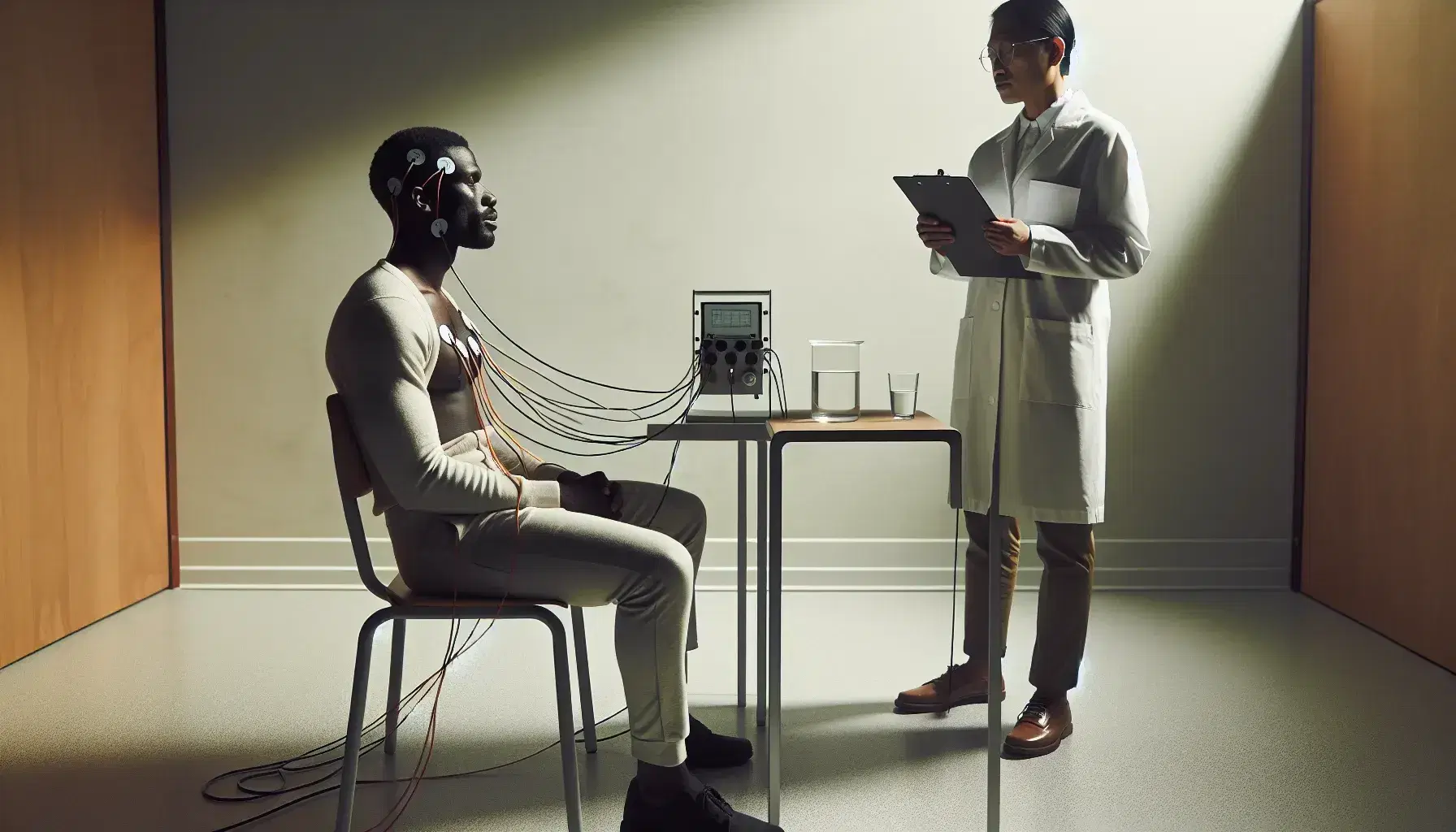 Quiet laboratory with African American man connected to polygraph and South Asian female researcher in white coat holding a folder.