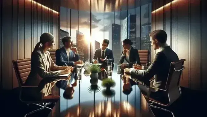Modern conference room with a round wooden table, four professionals in discussion, cityscape through the window, and a plant adding a natural touch.