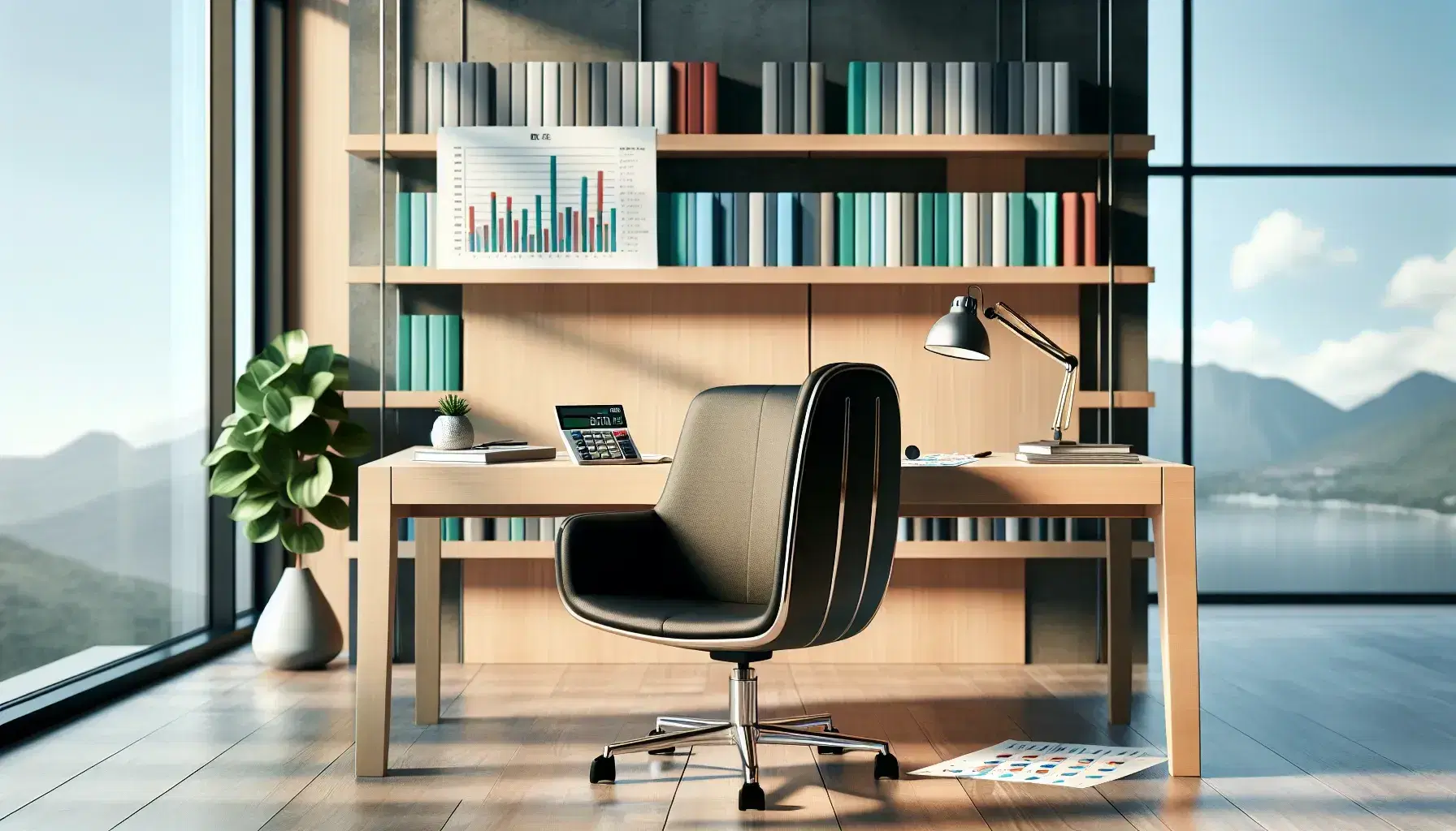 Oficina moderna y luminosa con escritorio de madera, calculadora, gráficos impresos, silla ergonómica negra y planta verde, reflejando un ambiente de trabajo ordenado y profesional.