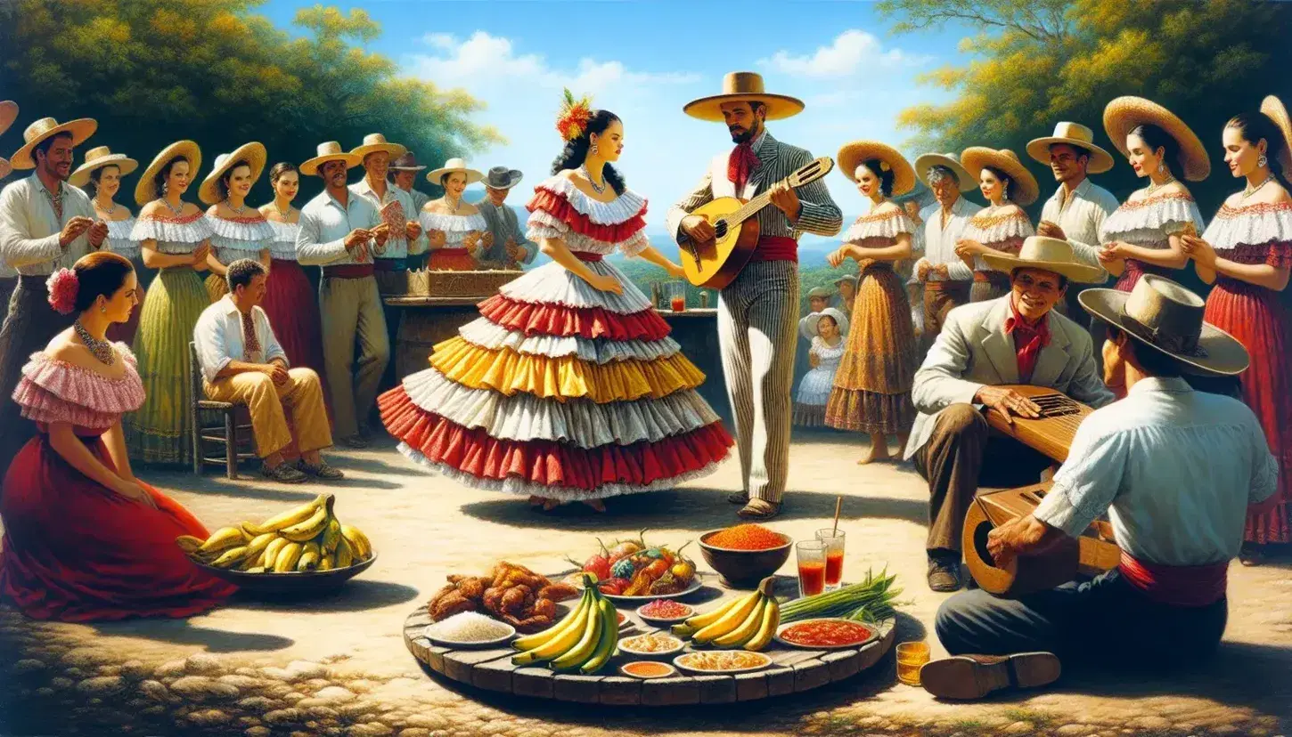 Pareja bailando danza tradicional al aire libre con trajes coloridos, espectadores sonrientes y músico tocando instrumento de cuerda, con mesa de comidas regionales y paisaje diurno.