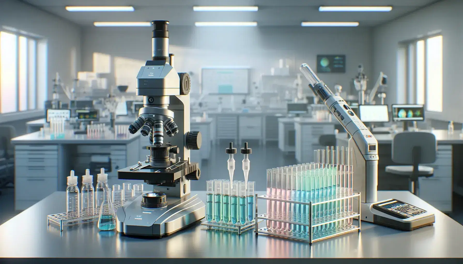 Microscopio elettronico grigio con oculari in laboratorio scientifico, provette con liquidi blu e verdi e pipetta automatica su superficie chiara.