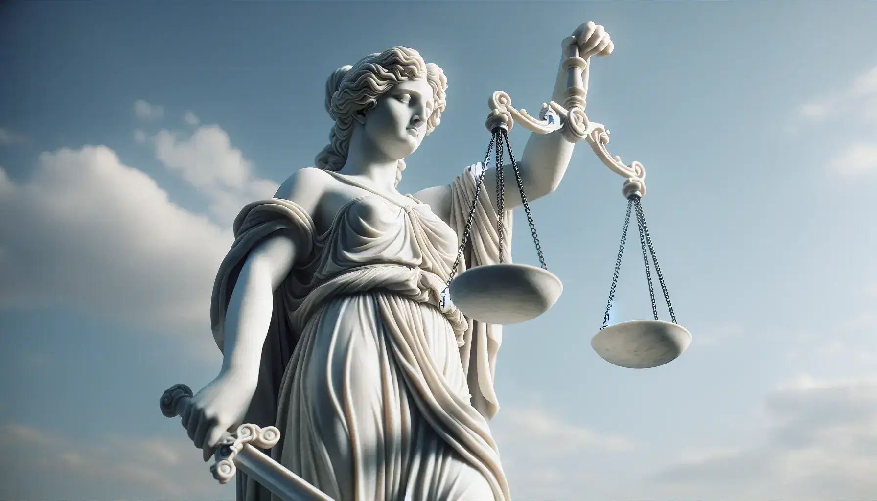 Estatua de mármol blanco de Themis, diosa griega de la justicia, con balanza y espada, sobre pedestal, bajo cielo azul.