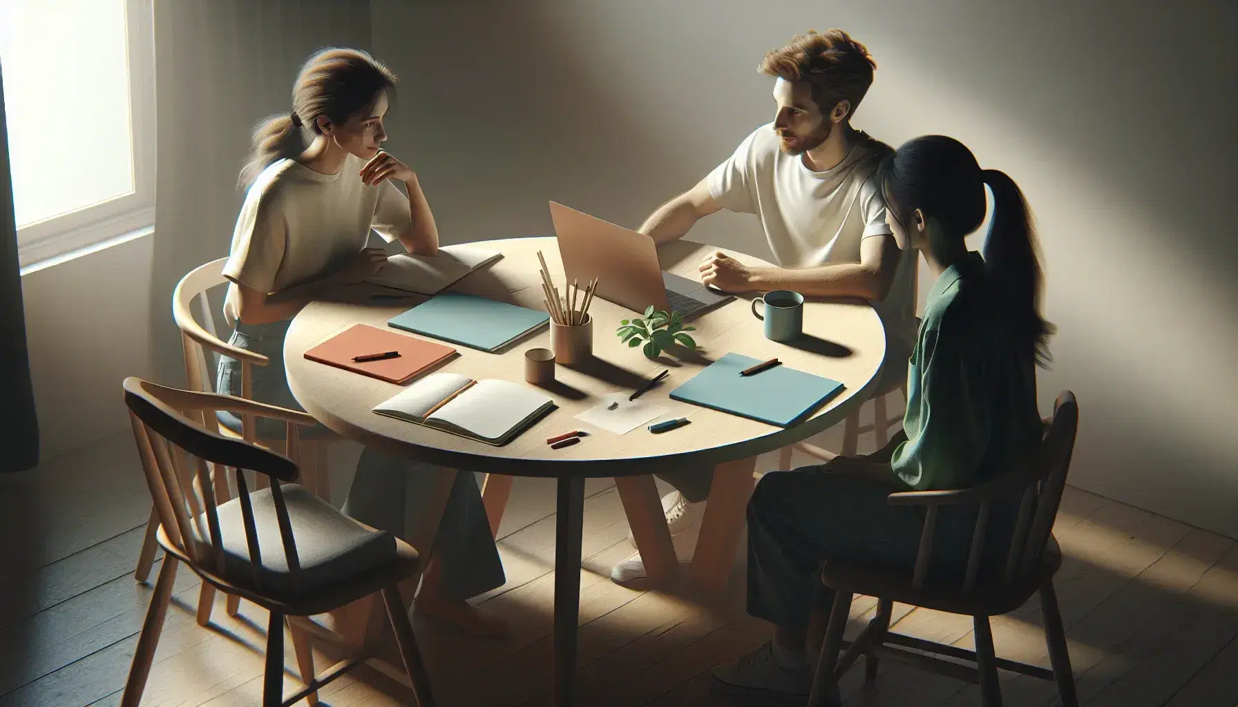 Tres profesionales colaborando en una reunión de trabajo alrededor de una mesa redonda con un portátil, cuadernos y una taza de café bajo luz natural.