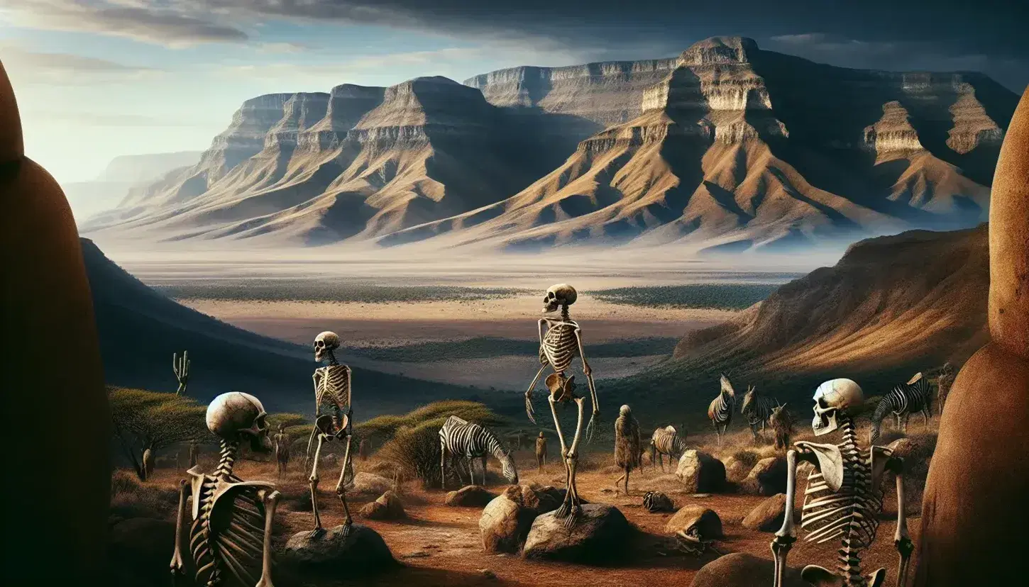 Valle della Rift Africana con scheletri di ominidi e gruppo di zebre al pascolo su terreno arido sotto cielo azzurro.
