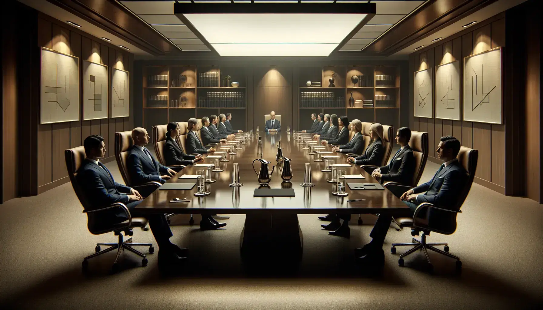 Corporate boardroom with a large oval table, high-backed chairs, laptops, water pitchers, and manila folders, with cityscape visible through large windows.