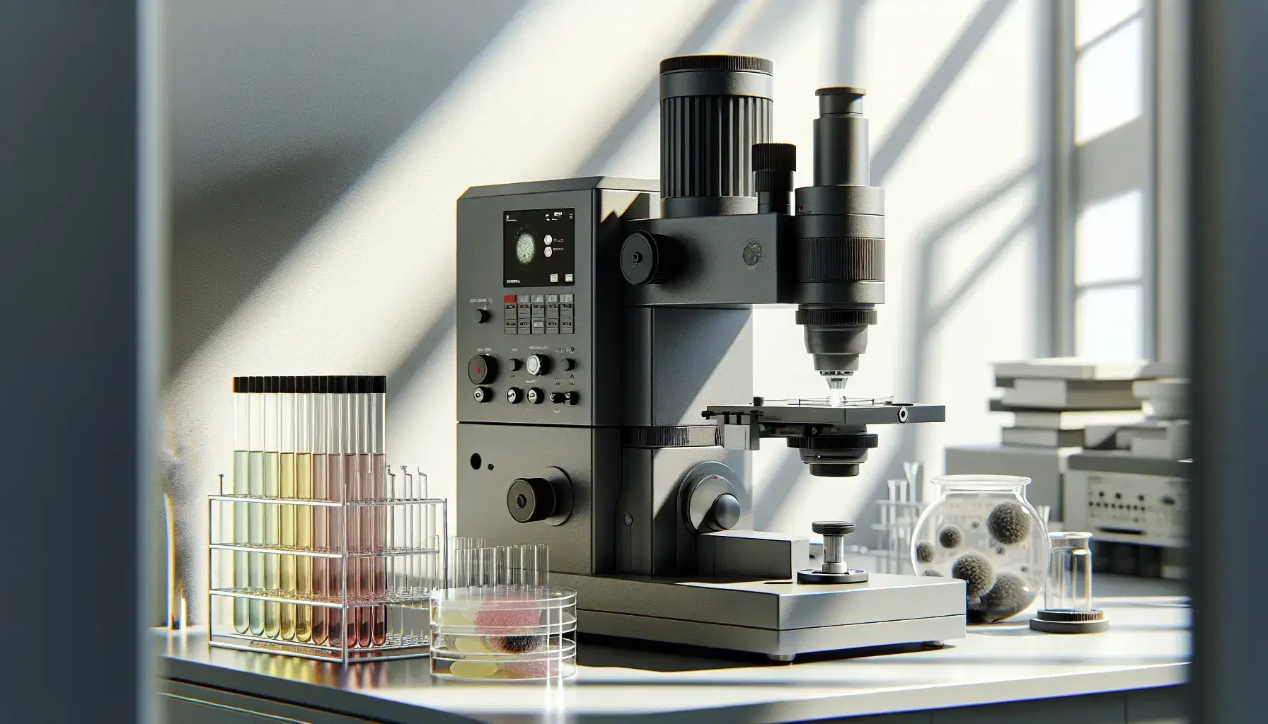 Microscopio elettronico a trasmissione grigio scuro su tavolo da laboratorio con tubi contenenti campioni colorati e Petri con campione biologico, luce naturale in sfondo.