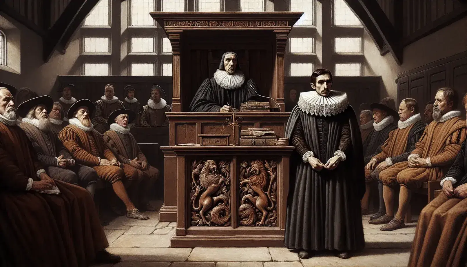 Early modern English courtroom scene with a stern judge in black robe and white collar, a concerned man at the stand, onlookers, and an empty pillory.